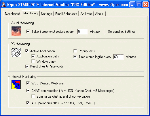 IOpus STARR Computer and Internet Monitoring *PRO Edition* Screenshot